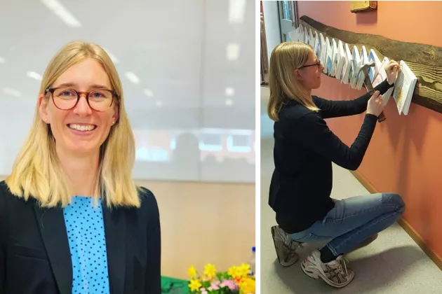 Image consists of two pictures. On the left, a portrait of Emelie Gezelius. On the right, a picture of Emelie nailing her thesis.