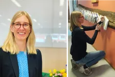 Image consists of two pictures. On the left, a portrait of Emelie Gezelius. On the right, a picture of Emelie nailing her thesis.